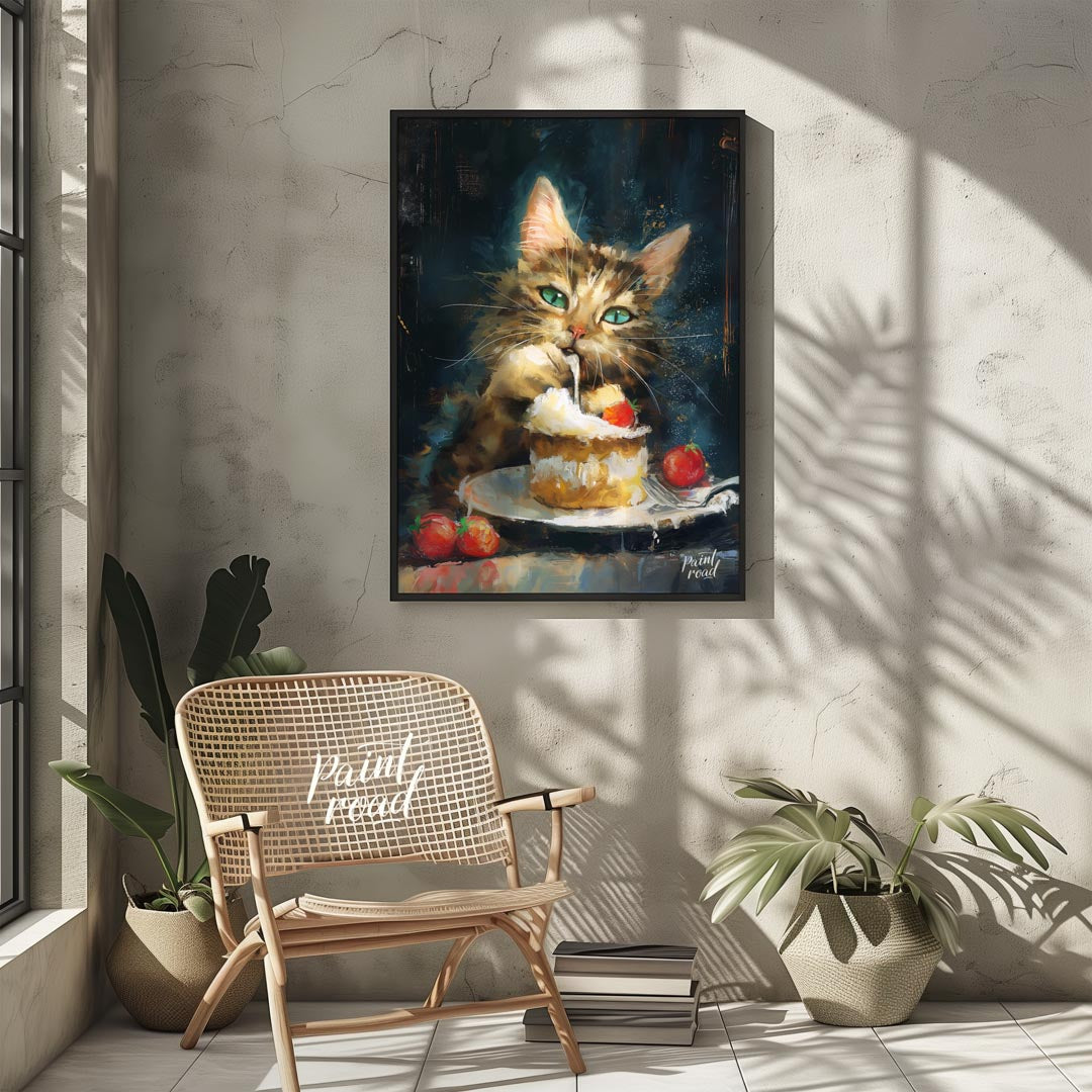 This striking oil painting captures a fluffy, tabby cat with piercing green eyes, caught in the act… for living room