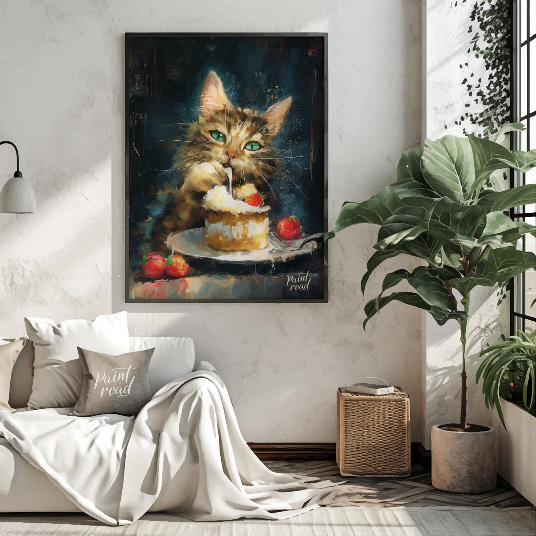 This striking oil painting captures a fluffy, tabby cat with piercing green eyes, caught in the act… for living room