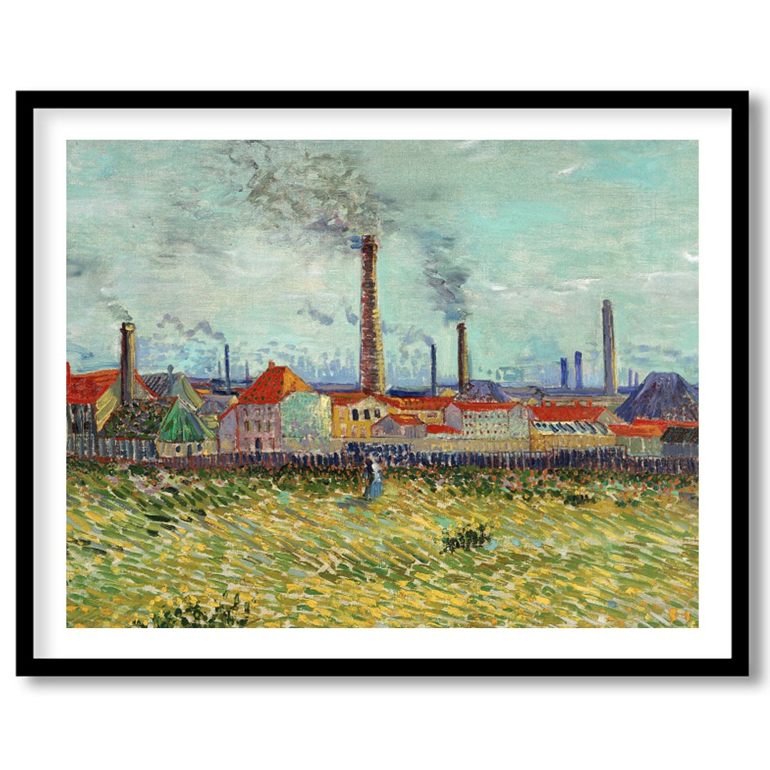 This captivating artwork features a bustling industrial scene with towering smokestacks against a for area