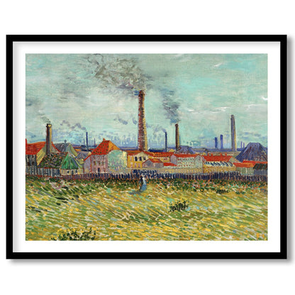 This captivating artwork features a bustling industrial scene with towering smokestacks against a for area