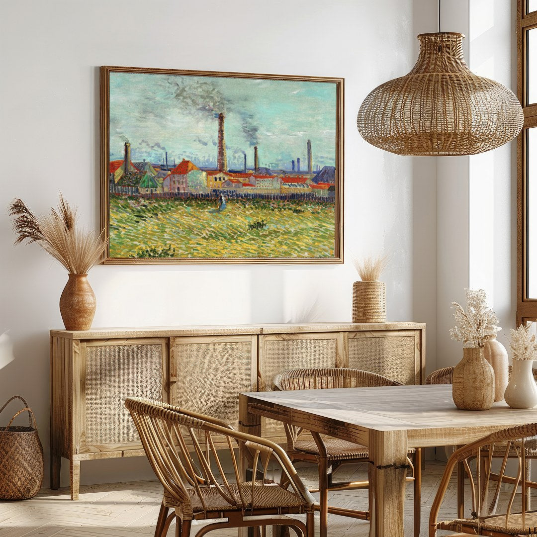 This captivating artwork features a bustling industrial scene with towering smokestacks against a for Dining