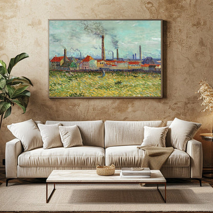 This captivating artwork features a bustling industrial scene with towering smokestacks against a for Family Room