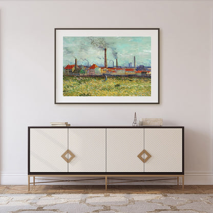 This captivating artwork features a bustling industrial scene with towering smokestacks against a for Foyer