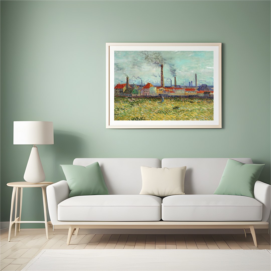 This captivating artwork features a bustling industrial scene with towering smokestacks against a for Hall