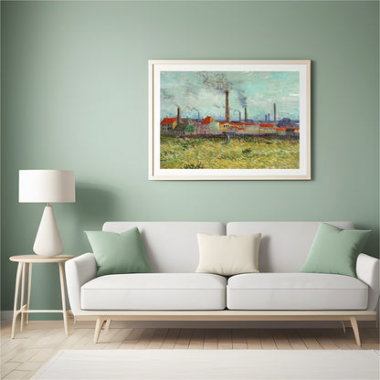 This captivating artwork features a bustling industrial scene with towering smokestacks against a for Hall