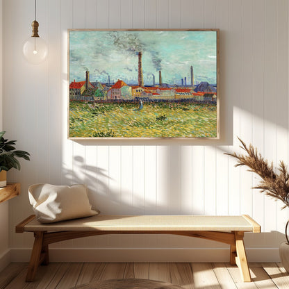 This captivating artwork features a bustling industrial scene with towering smokestacks against a for Hallway