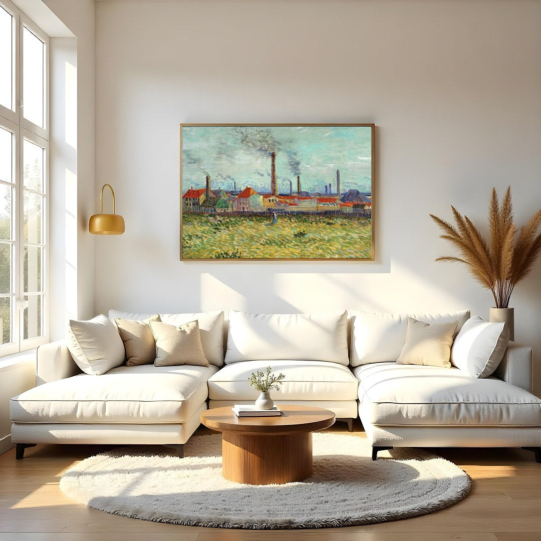 This captivating artwork features a bustling industrial scene with towering smokestacks against a for Living Room