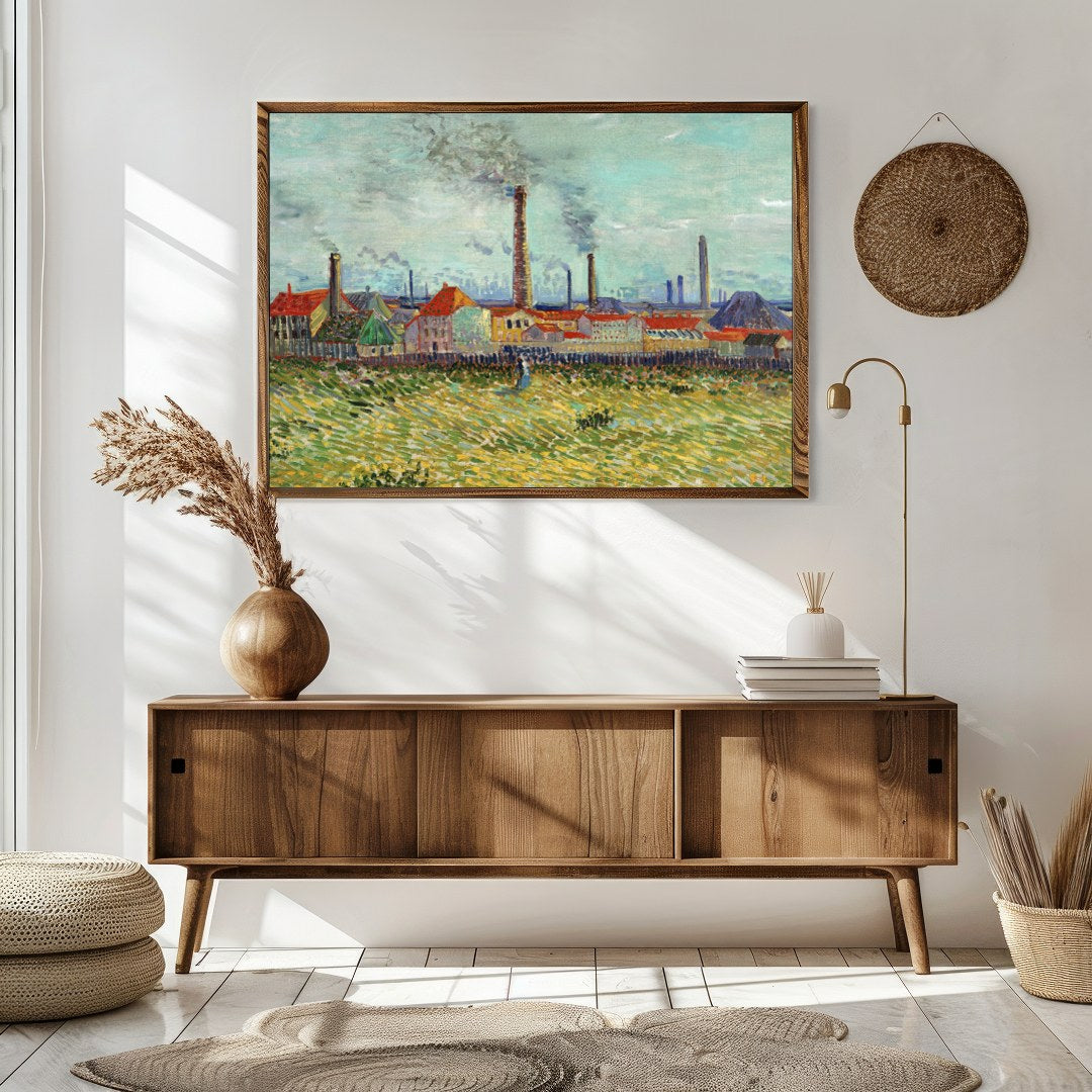 This captivating artwork features a bustling industrial scene with towering smokestacks against a for Sitting Area