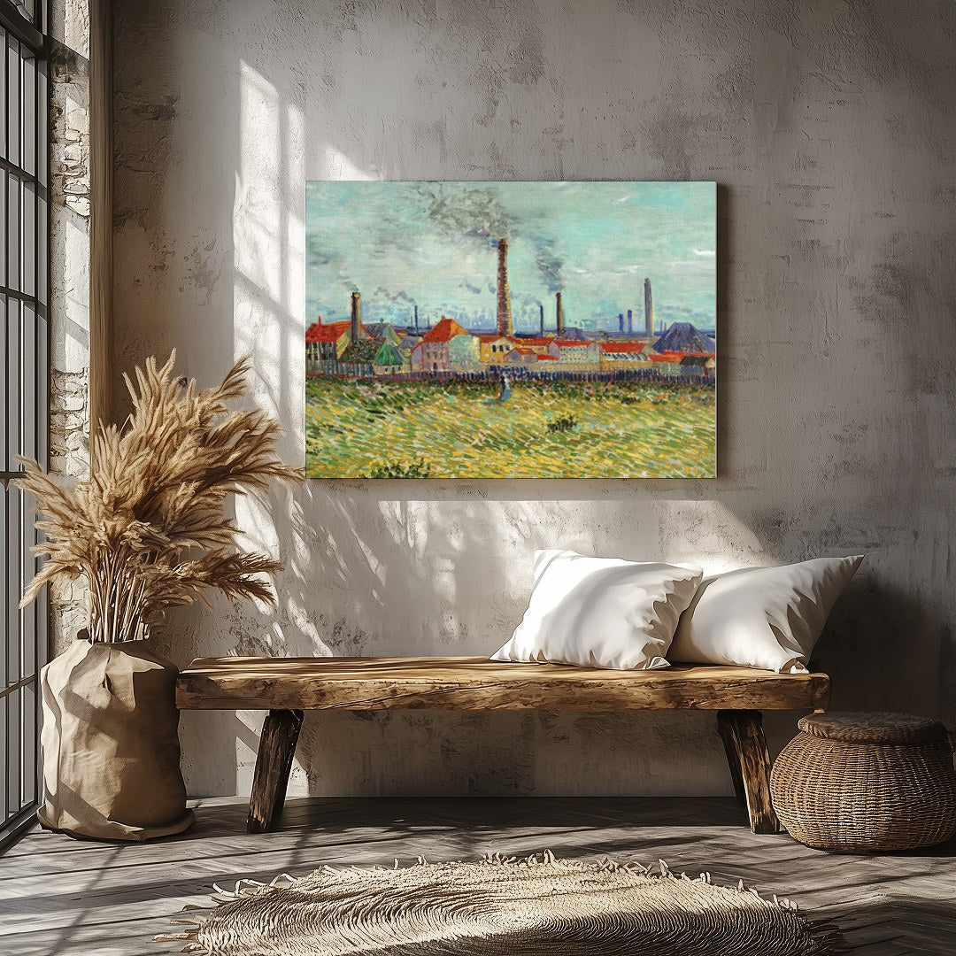 This captivating artwork features a bustling industrial scene with towering smokestacks against a for Veranda