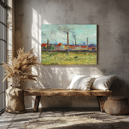 This captivating artwork features a bustling industrial scene with towering smokestacks against a for Veranda