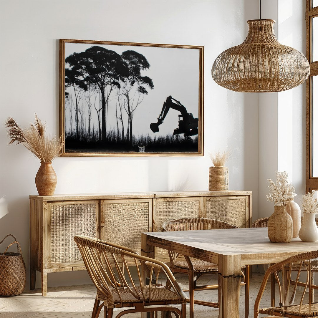 Immerse yourself in a thought-provoking blend of nature and industry. This striking artwork for Dining