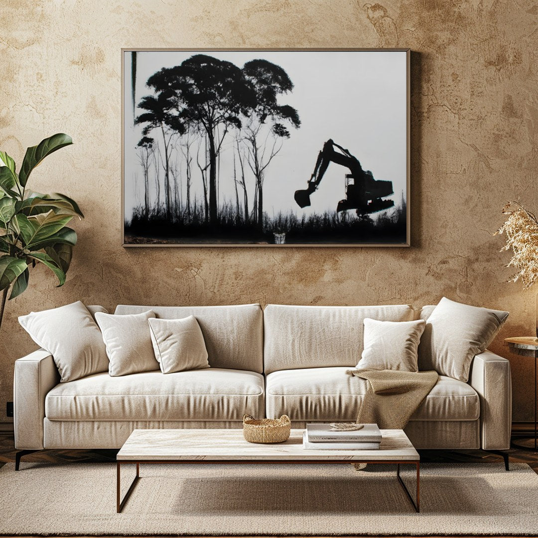 Immerse yourself in a thought-provoking blend of nature and industry. This striking artwork for Family Room