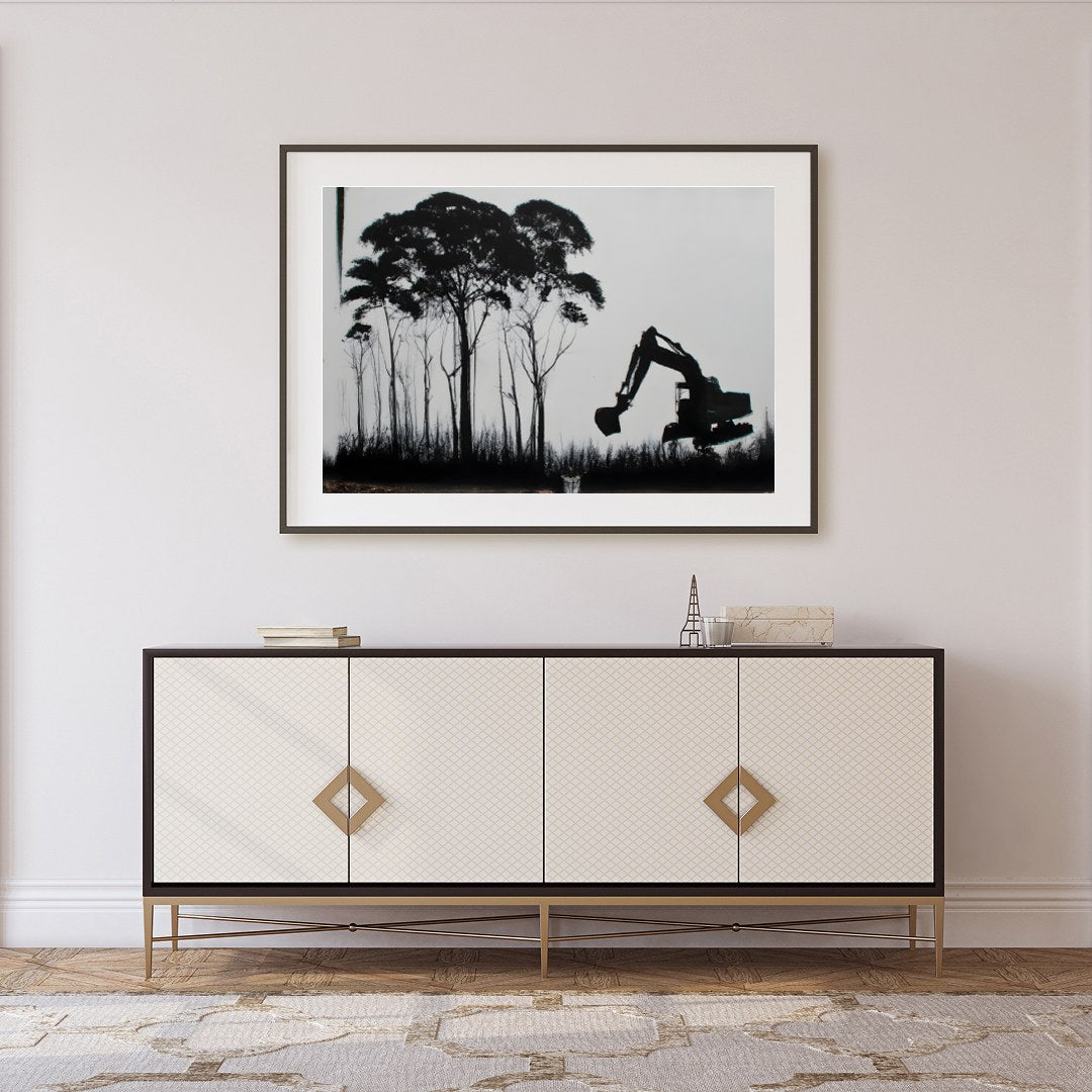 Immerse yourself in a thought-provoking blend of nature and industry. This striking artwork for Foyer