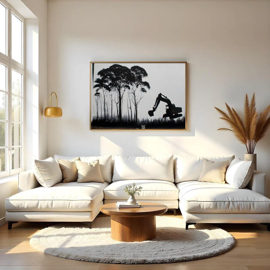Immerse yourself in a thought-provoking blend of nature and industry. This striking artwork for Living Room