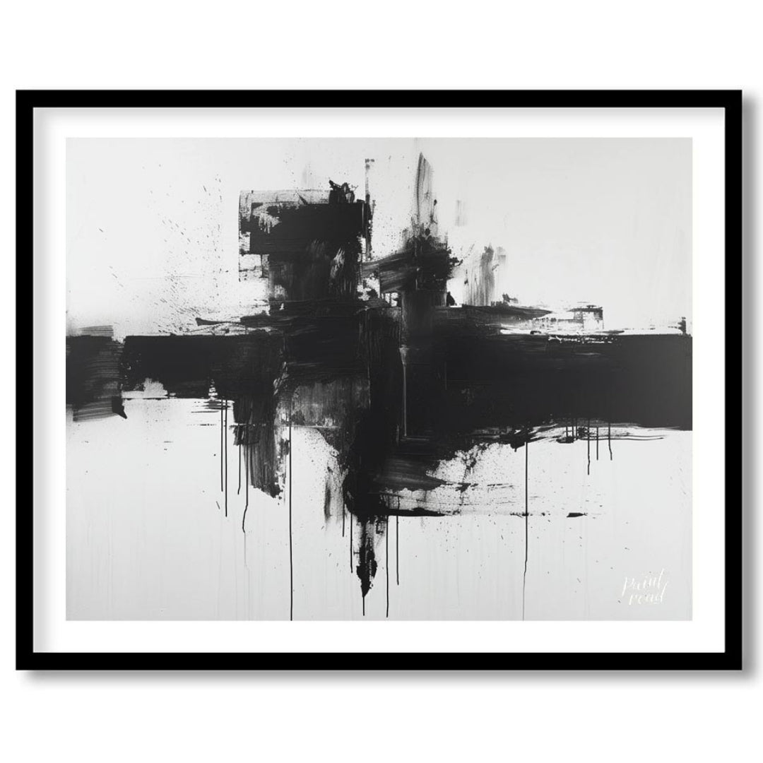 This abstract painting features a bold, black cross-like form rendered with expressive ink strokes … for area
