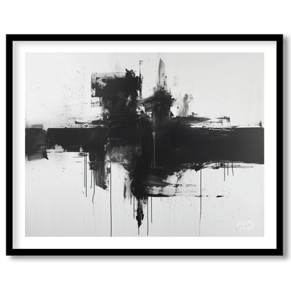 This abstract painting features a bold, black cross-like form rendered with expressive ink strokes … for area