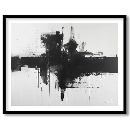 This abstract painting features a bold, black cross-like form rendered with expressive ink strokes … for area