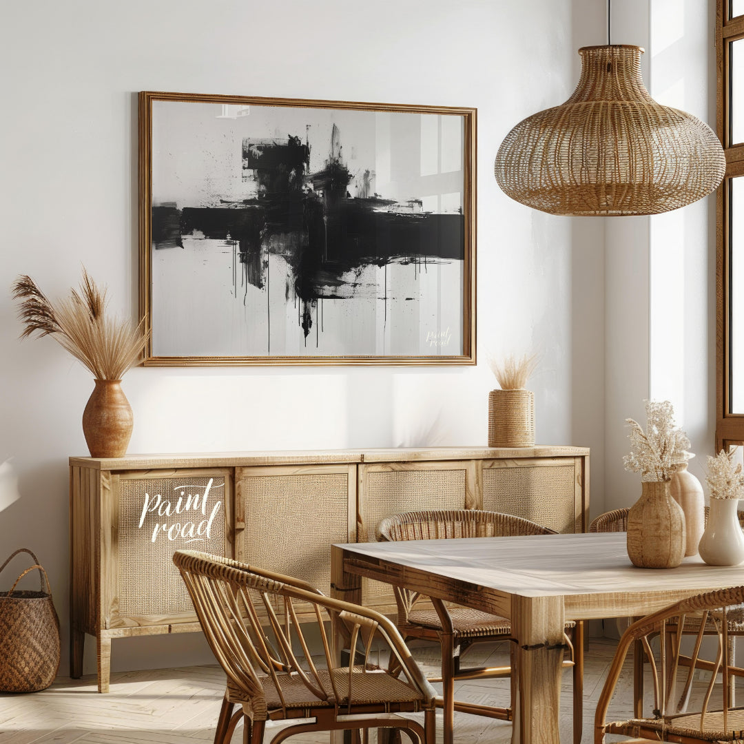 This abstract painting features a bold, black cross-like form rendered with expressive ink strokes … for dining room