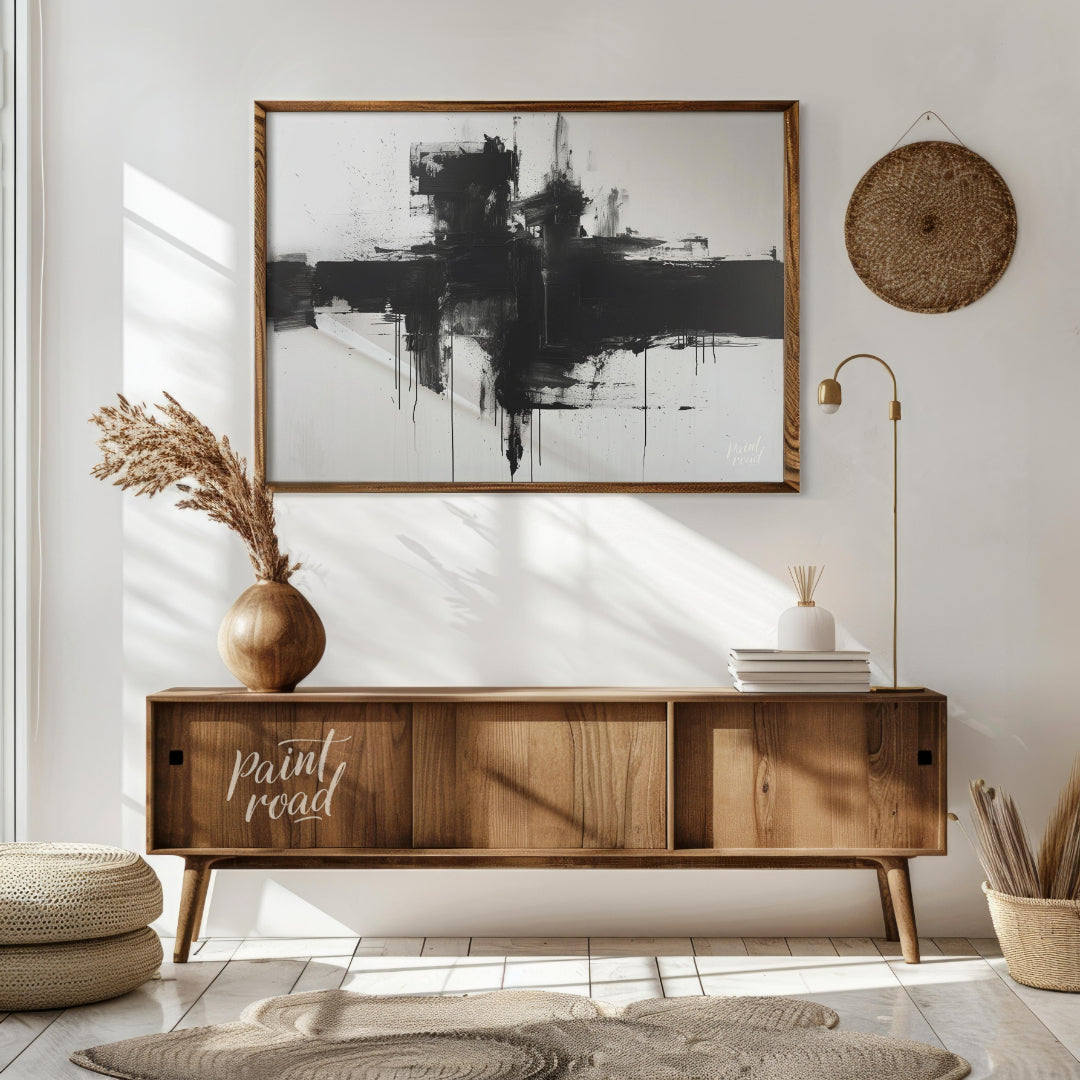 This abstract painting features a bold, black cross-like form rendered with expressive ink strokes … for entryway