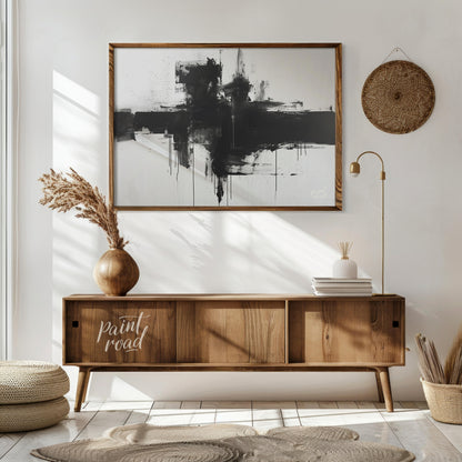This abstract painting features a bold, black cross-like form rendered with expressive ink strokes … for entryway