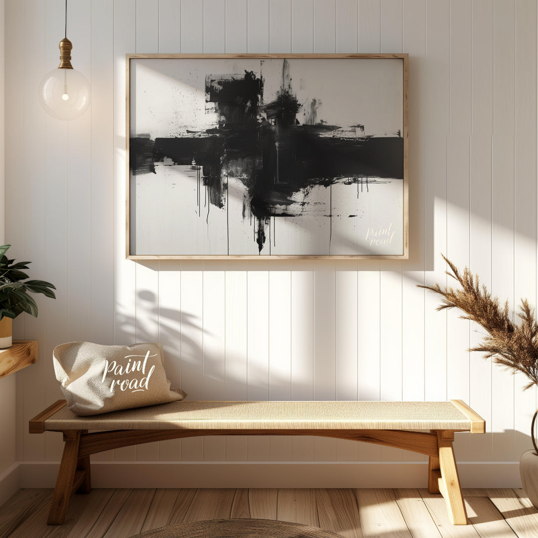 This abstract painting features a bold, black cross-like form rendered with expressive ink strokes … for entryway