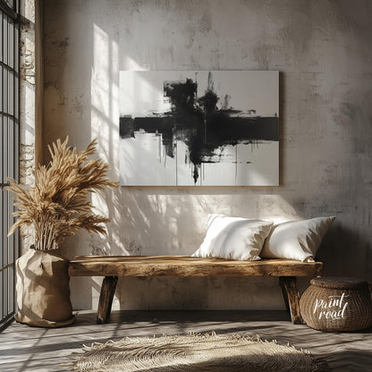 This abstract painting features a bold, black cross-like form rendered with expressive ink strokes … for entryway