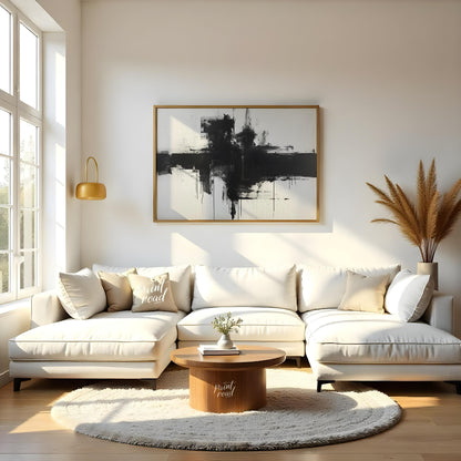 This abstract painting features a bold, black cross-like form rendered with expressive ink strokes … for living room