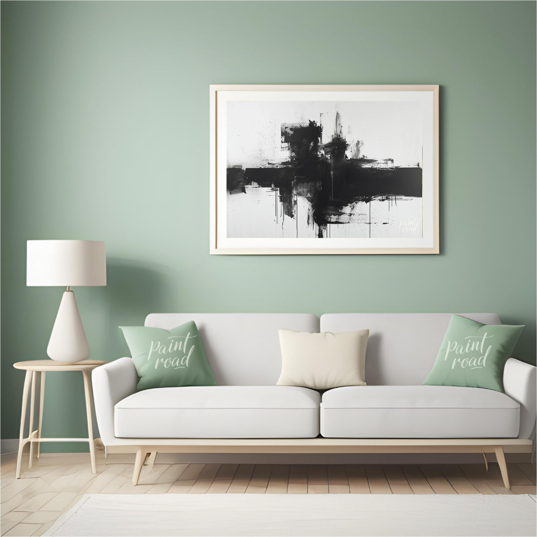 This abstract painting features a bold, black cross-like form rendered with expressive ink strokes … for living room