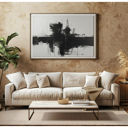 This abstract painting features a bold, black cross-like form rendered with expressive ink strokes … for living room