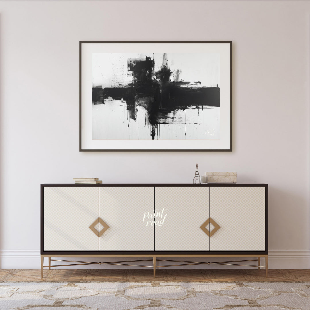 This abstract painting features a bold, black cross-like form rendered with expressive ink strokes … for living room