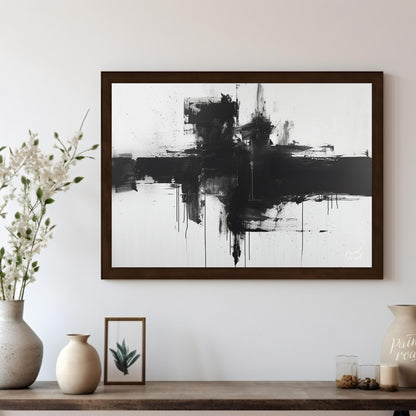 This abstract painting features a bold, black cross-like form rendered with expressive ink strokes … for other