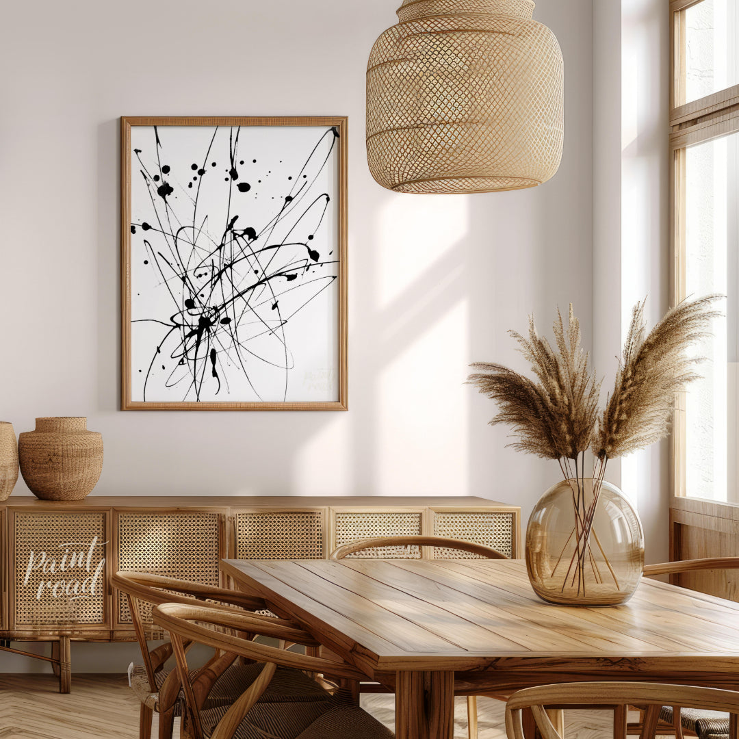 """Ink Burst"" captures the explosive energy of ink splatters and lines against a stark white backd… for dining room