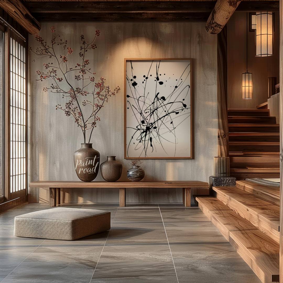 """Ink Burst"" captures the explosive energy of ink splatters and lines against a stark white backd… for entryway
