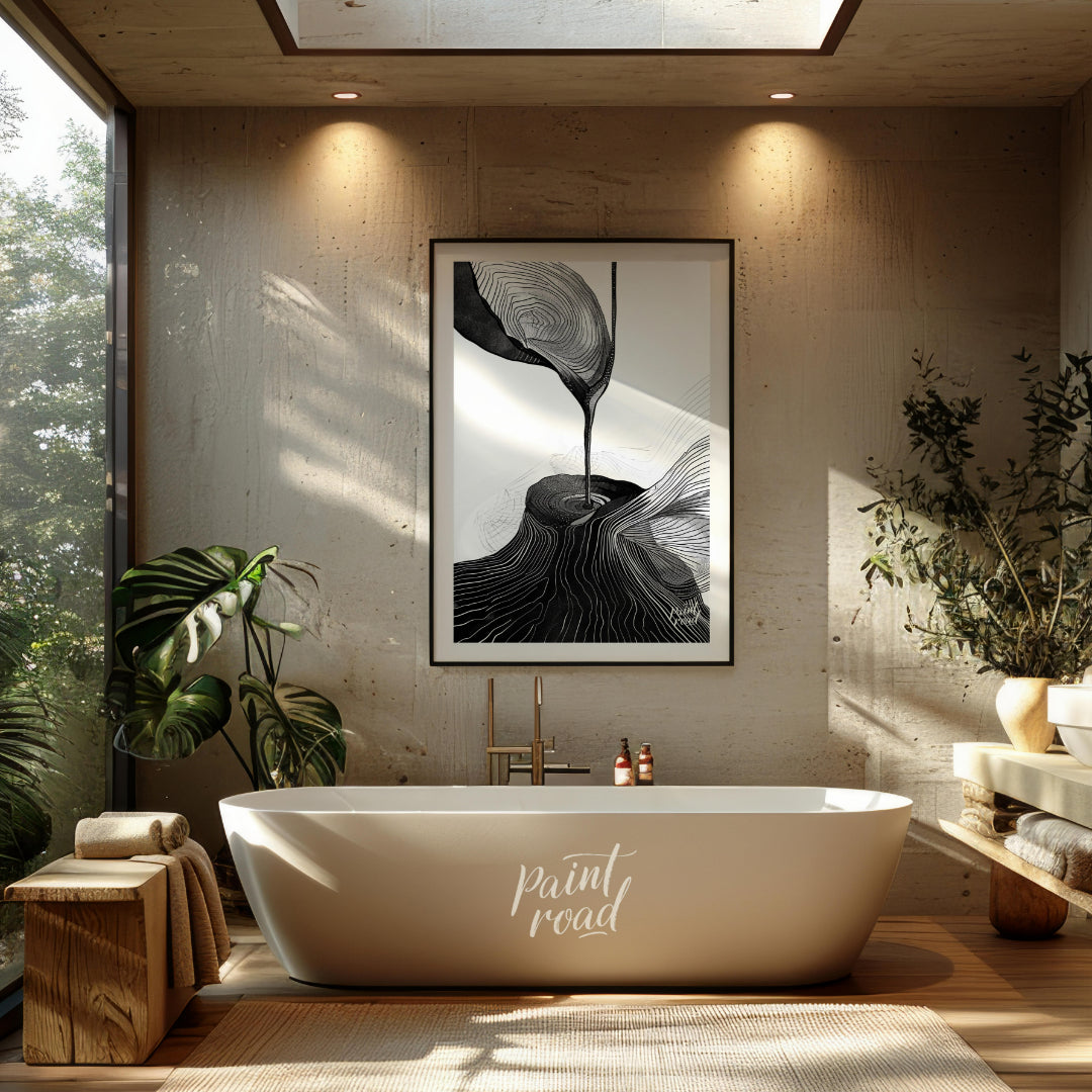 This artwork features a striking black and white composition, blending abstract forms with topograp… for bathroom