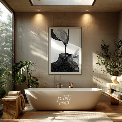 This artwork features a striking black and white composition, blending abstract forms with topograp… for bathroom