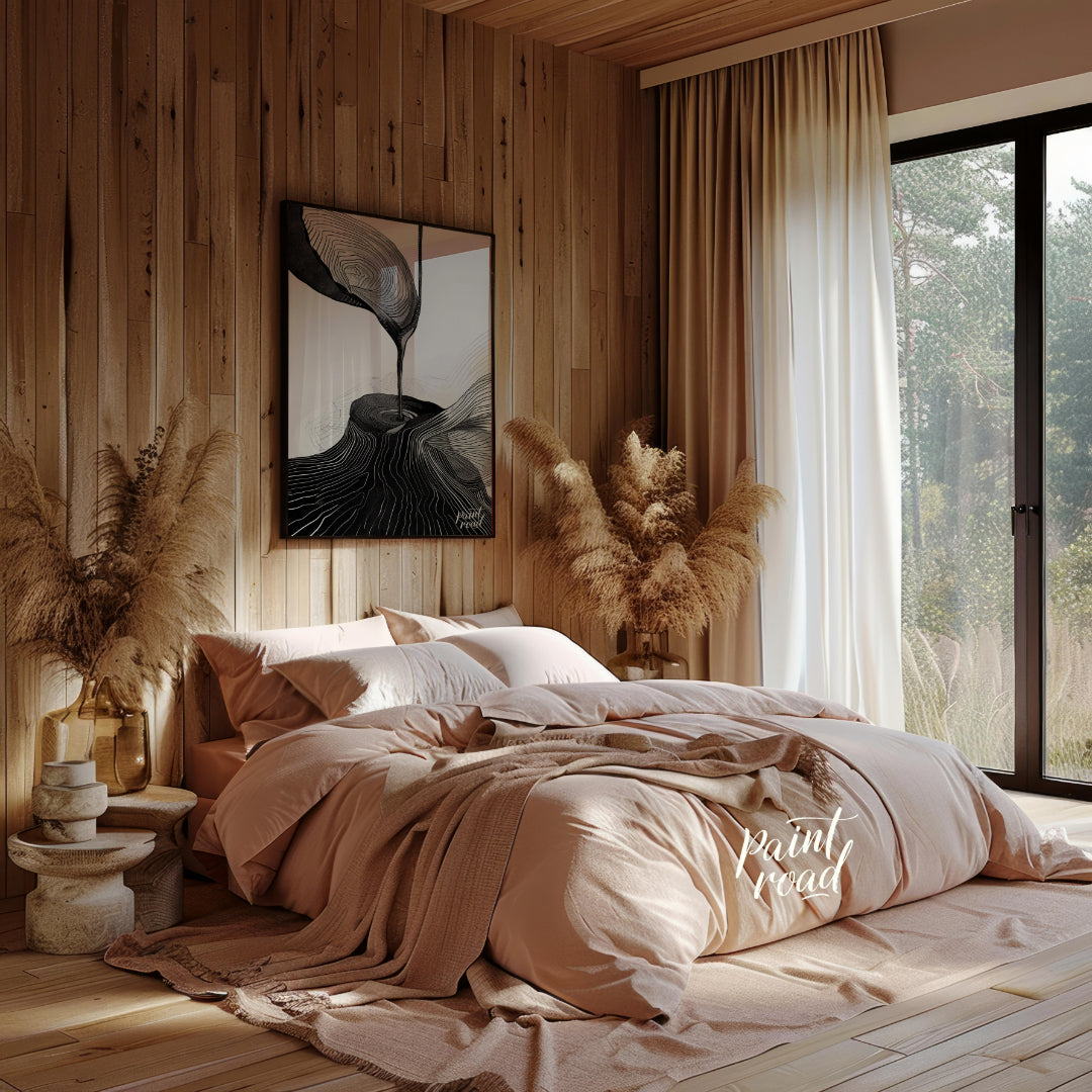 This artwork features a striking black and white composition, blending abstract forms with topograp… for bedroom
