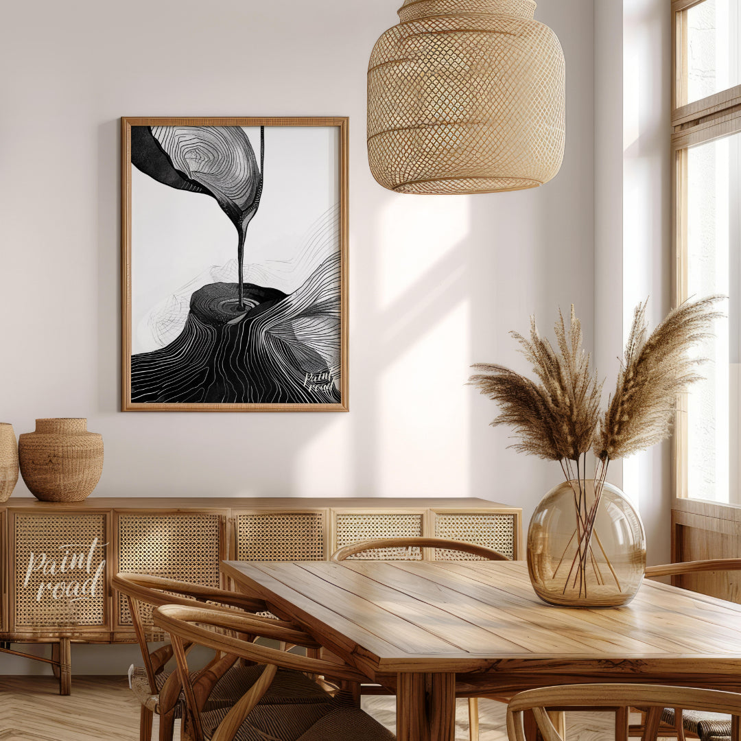 This artwork features a striking black and white composition, blending abstract forms with topograp… for dining room