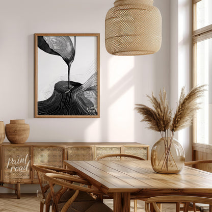 This artwork features a striking black and white composition, blending abstract forms with topograp… for dining room