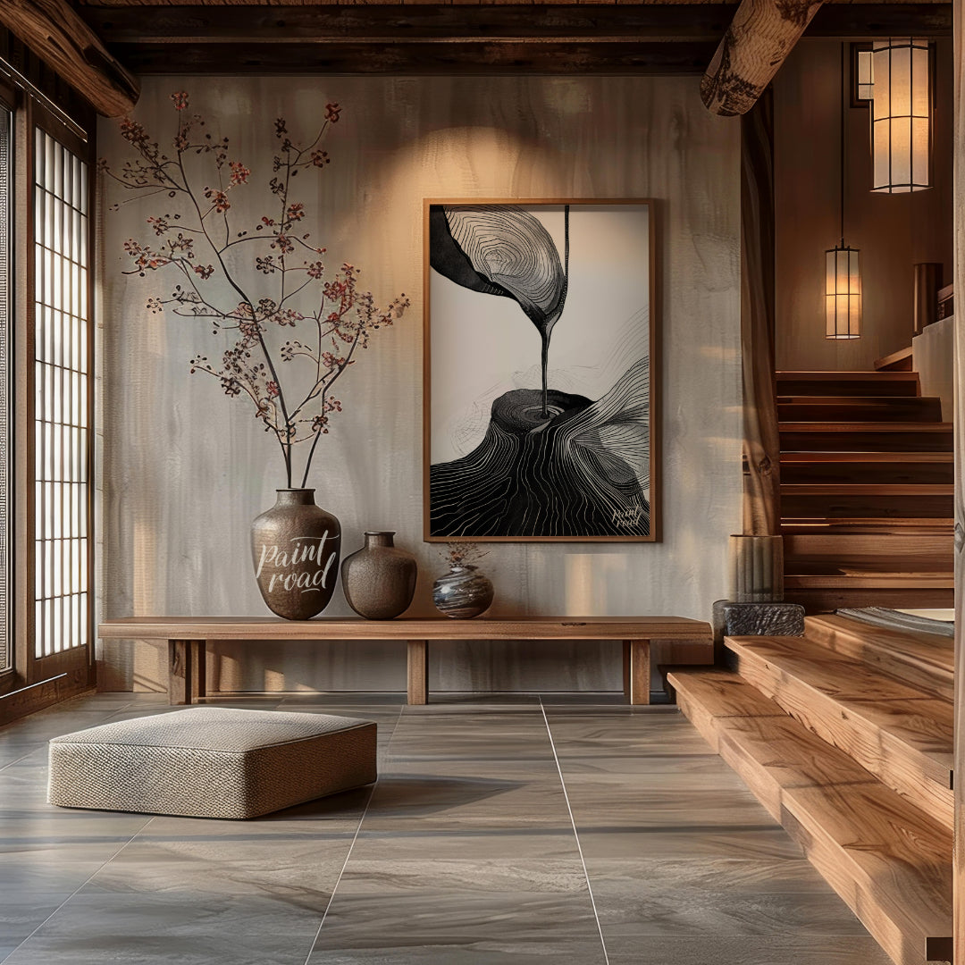 This artwork features a striking black and white composition, blending abstract forms with topograp… for entryway