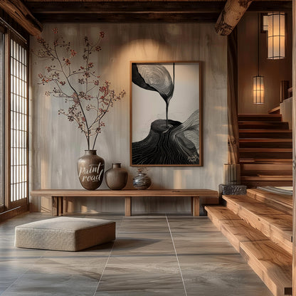 This artwork features a striking black and white composition, blending abstract forms with topograp… for entryway