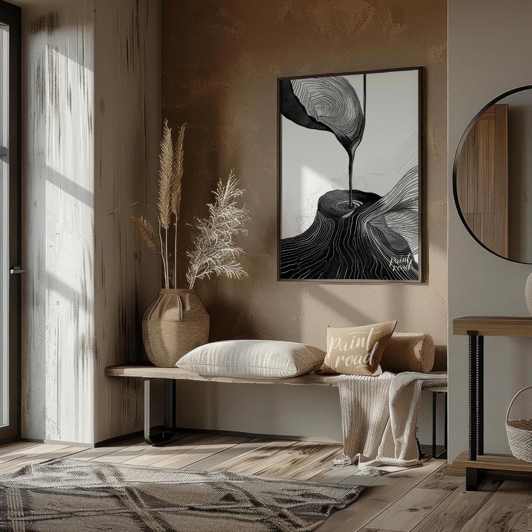 This artwork features a striking black and white composition, blending abstract forms with topograp… for entryway