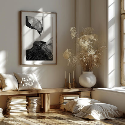 This artwork features a striking black and white composition, blending abstract forms with topograp… for living room