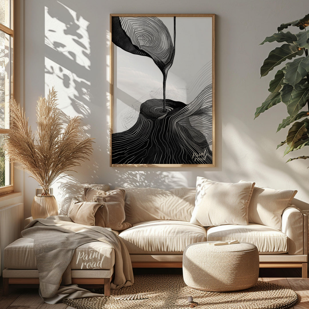 This artwork features a striking black and white composition, blending abstract forms with topograp… for living room