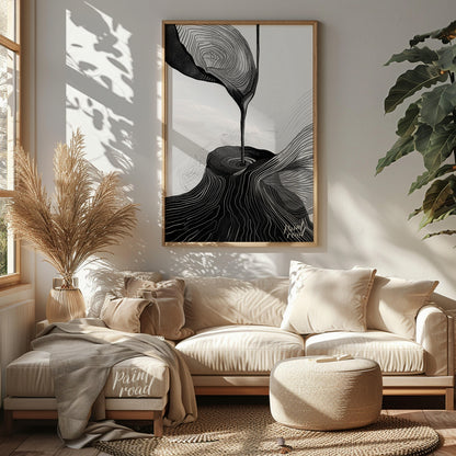 This artwork features a striking black and white composition, blending abstract forms with topograp… for living room