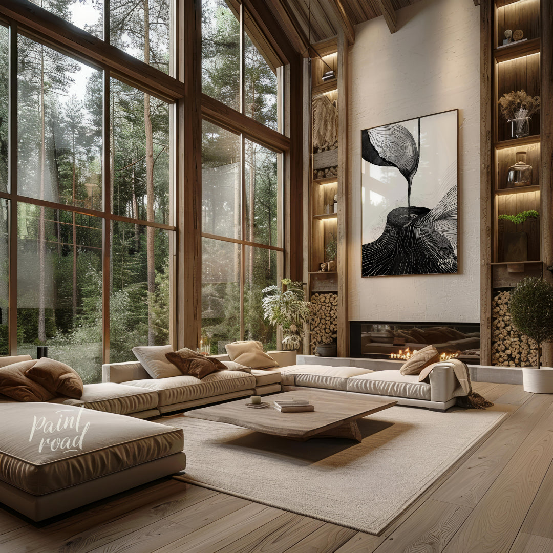 This artwork features a striking black and white composition, blending abstract forms with topograp… for living room