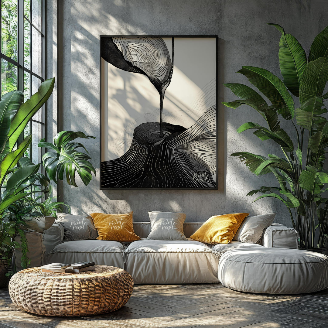 This artwork features a striking black and white composition, blending abstract forms with topograp… for living room