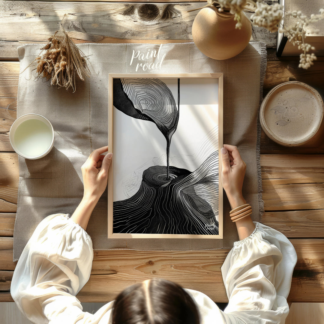This artwork features a striking black and white composition, blending abstract forms with topograp… for other