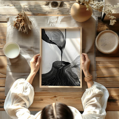 This artwork features a striking black and white composition, blending abstract forms with topograp… for other