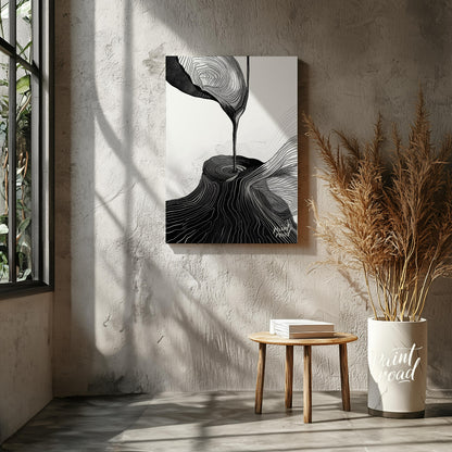 This artwork features a striking black and white composition, blending abstract forms with topograp… for other