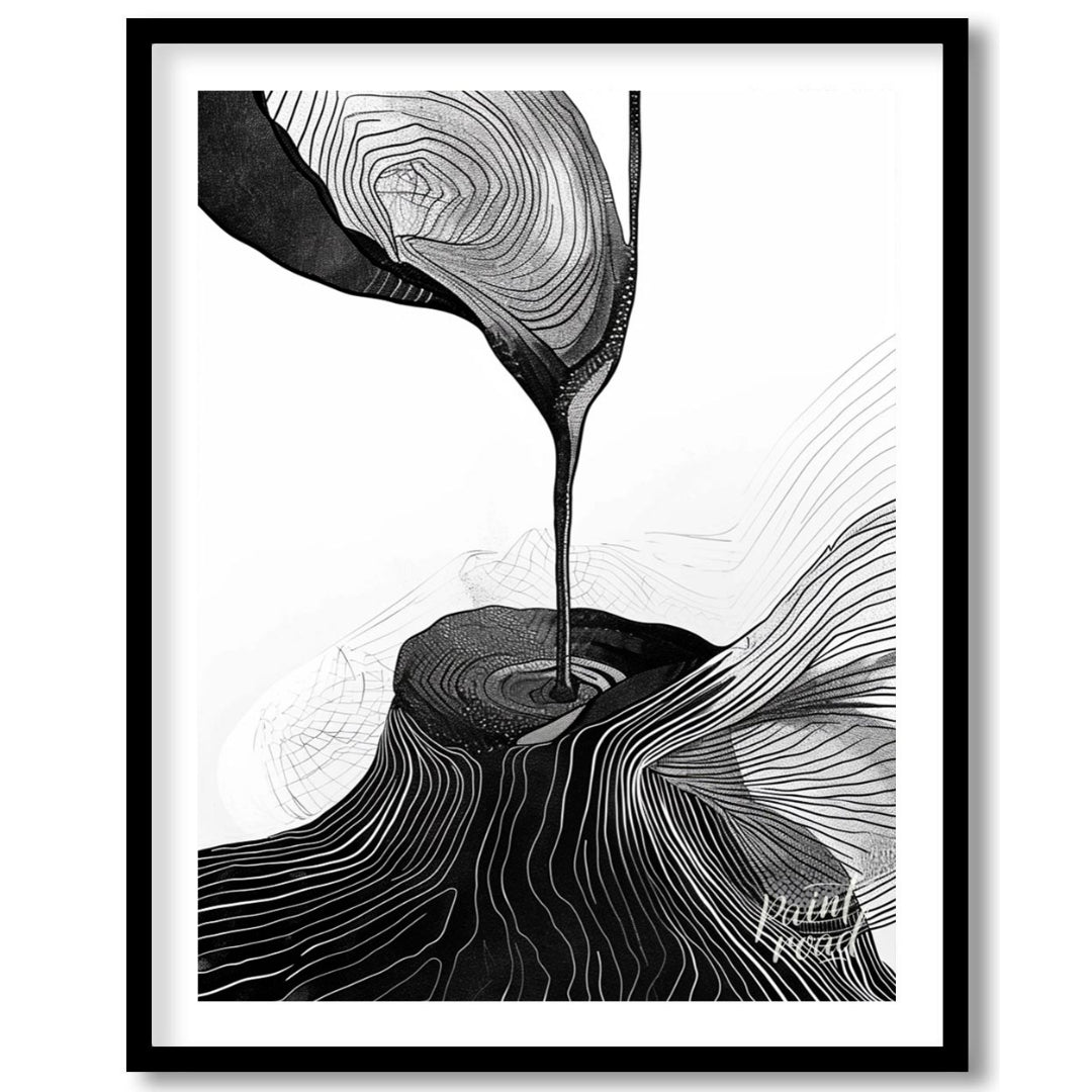This artwork features a striking black and white composition, blending abstract forms with topograp… for room
